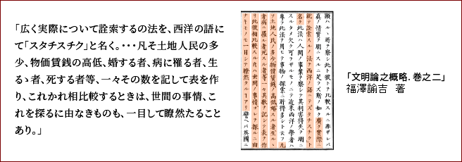 「文明論之概略. 巻之二」福澤諭吉著より抜粋。広く実際について詮索するの法を西洋の語にて「スタチスチク」と名く・・・凡そ土地人民の多少、物価賃銭の高低、婚する者、病に罹る者、生まるる者、死する者等、一々その数を記して表を作り、これかれ相比較するときは、世間の事情、これを探るに由なきものも、一目して瞭然たることあり。