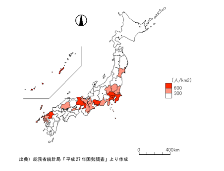 都道府県別人口密度(1㎢当たり人口) 