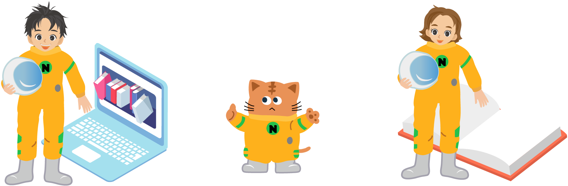 宇宙服を着た男の子と猫と女の子が立っている画像