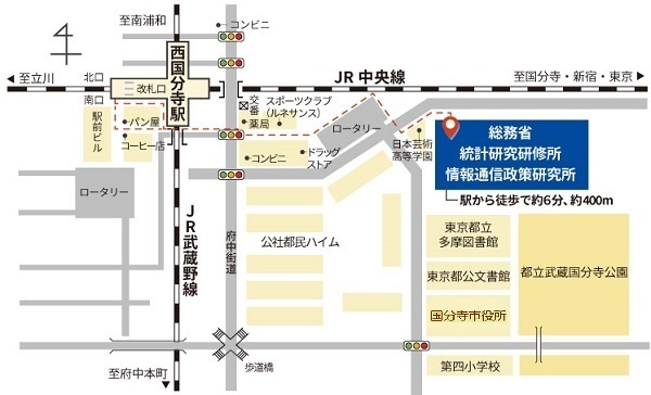 ���Ӓn�} �i�q���������w���D�����o�č���A������o�܂��B�w�ɂ��o�Ă������֐i�݁A�d�Ԃ̃K�[�h��������A�M����n��r���̊Ԃ𒼐i���܂��B���[�^���[���߂��ĉ��f������n��A���ɒ��i����ƁA�E��ɓ��v�������C��������܂��B�w����k��6�����x�B��400���[�g���ł��B